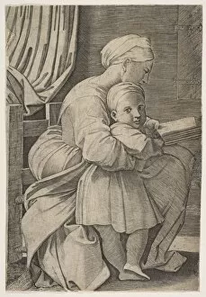 Sanzio Collection: The Virgin in profile facing right reading to the infant Christ, ca. 1515-27