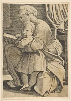 Dente Marco Prints: The Virgin reading with the infant Christ; woman seated in profile facing left an... ca