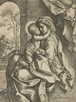 Guido Gallery: The Virgin seated with the Christ Child on her lap embracing her, Joseph seen thr... ca