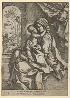 Grido Reni Gallery: The Virgin seated with the Christ Child on her lap embracing her, Joseph seen thr... ca