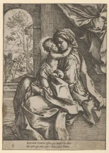 The Virgin seated with the Christ Child on her lap embracing her, Joseph seen thr..., ca The Virgin seated with the Christ Child on her lap embracing her, Joseph seen thr..., ca