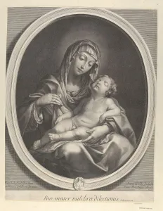 The Virgin seated with the infant Christ sleeping in her lap, in an oval frame, aft The Virgin seated with the infant Christ sleeping in her lap, in an oval frame, aft