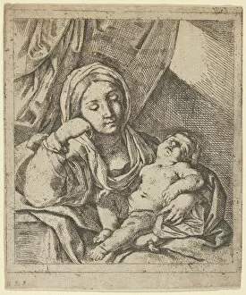 Guidop Reni Gallery: The Virgin seated, resting her head on her right hand and holding the sleeping infa... ca. 1630-80