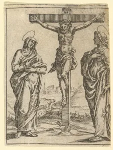 Ghisi Giorgio Prints: The Virgin of Sorrows: The Crucifixion; one of nine surrounding compartments from the V