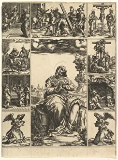 The Virgin of Sorrows; an image of the Virgin Mary surrounded by nine vignettes depict The Virgin of Sorrows; an image of the Virgin Mary surrounded by nine vignettes depict