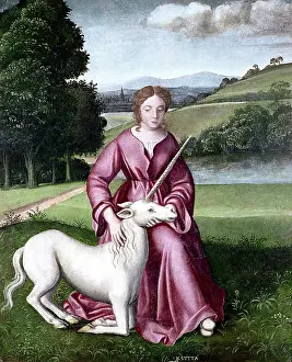 Unicorn Prints: A virgin and a unicorn; representing chastity. Creator: Dosso Dossi