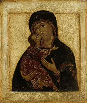 Tempera On Wood Prints: Virgin of Vladimir, Russian icon, 1600-1610. Creator: Unknown