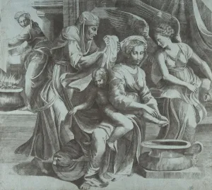 The Virgin washing the Christ Child accompanied by figures and an angel at right, ..., ca The Virgin washing the Christ Child accompanied by figures and an angel at right, ..., ca