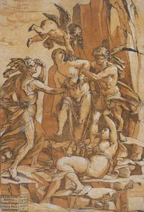 Andrea Andriano Prints: Virtue as a young woman in the centre of four figures representing love, error