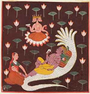 Gum Tempera And Gold On Paper Prints: Vishnu on Ananta, the Endless Serpent, c. 1700. Creator: Unknown