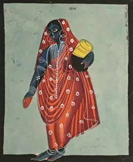 Kalighat Painting Gallery: Vishnu in Female Form of Mohini Carrying Amrita for the Gods, 1800s. Creator: Unknown