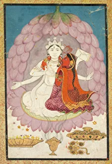 Gum Tempera And Gold On Paper Prints: Vishnu and Lakshmi Seated on a Lotus Blossom, early 1800s. Creator: Unknown