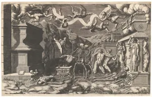Macabre Prints: The Vision of Ezekiel; a group of corpses and skeletons emerging out of tombs