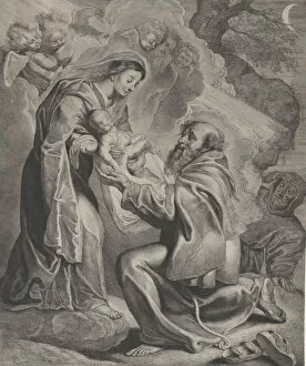 Visscher Cornelis De Gallery: The Vision of Saint Francis, kneeling at right, receiving the Christ child from the
