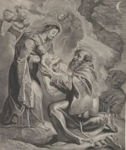 St Francis Collection: The Vision of Saint Francis, kneeling at right, receiving the Christ child from the