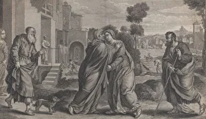 Pieter Van Prints: Visitation; Saint Elizabeth embracing the Virgin at center as Saint Joseph walks to