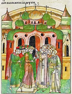 Moscow School Prints: Vladimir Vsevolodovich crowned by Bishop Neophytos with Monomakhs Cap