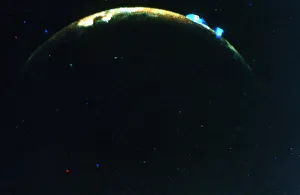 Voyager 2 Prints: Volcanic eruption on Jupiters moon, lo, 1979