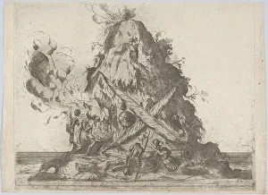 Volcano at center with blacksmiths working at left and armor on the ground around ..., 16th century. Creator: Anon Volcano at center with blacksmiths working at left and armor on the ground around ..., 16th century. Creator: Anon