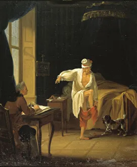 Dressing Gown Prints: Voltaire getting up in Ferney, ca 1772. Creator: Huber, Jean (1721-1786)