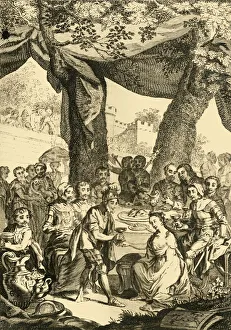 Vortigern King of Britain espouses Rowena a Saxon Lady, which occasioned the Settlement of the Saxons in Britain, mid 18th century. King Vortigern offers wine to Rowena at al fresco wedding feast. Rowena is depicted in British legends as the daughter of the Anglo-Saxon chief Hengist and a wife of Vortigern, 5th century warlord and possibly a king of the Britons. Rowena is presented as a beautiful femme fatale, who won her people the Kingdom of Kent through her treacherous seduction of Vortigern Vortigern King of Britain espouses Rowena a Saxon Lady... mid 18th century. Creator: Unknown