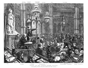 Council Gallery: Voting at the London County Council; Lord Roseberry counting the show of hands... 1890