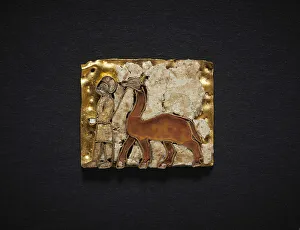 Votive plaque in cloisonné with man leading a camel. From the Oxus Temple... 6th-5th cent. BC. Creator: Central Asian Art