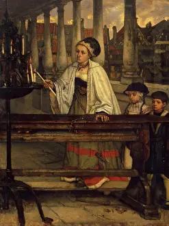 Devotion Prints: Vow. A Woman Lighting Candles, 1860. Creator: Jan August Hendrik Leys