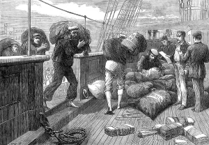 Mail Prints: The Voyage to China: bringing the letter-bags on board a mail steam-ship at Brindisi