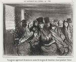 Voyageurs appreciant de moins en moins les wagons de troisieme classe pendant l'hiver, 1856