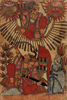 Vrishaketu Shoots Babhruvahana into the Air on a Circle of Arrows (recto)... c1850. Creator: Unknown