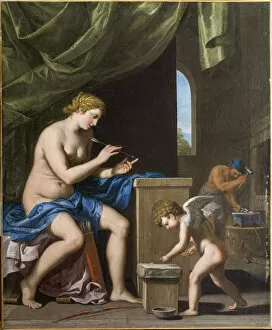 Amor Collection: Vulcan forging the arrows for Cupid, c. 1645. Creator: Stella, Jacques (1596-1657)