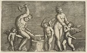 Marco Gallery: Vulcan seated hammering on an anvil flanked by Venus and three cupids, ca. 1515-27