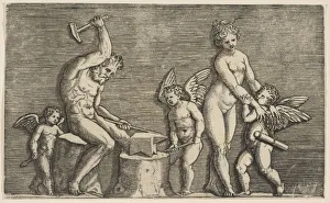 Dente Marco Prints: Vulcan seated hammering on an anvil flanked by Venus and three cupids, ca. 1515-27