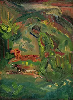 Enthusiasm Prints: Walking Hunter with Dogs, 1940-1944. Creator: Arnold Peter Weisz-Kubincan