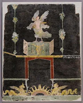 Wall fragment with Siren, Sea Monsters and Niche on Black Ground, A.D. 50-79. Creator: Unknown