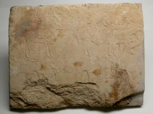 Wall Fragment from a Tomb Depicting Three Offering Bearers, Egypt, Old Kingdom, Dynasty 5