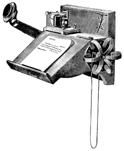 Receiver Prints: Wall-mounted Edison carbon telephone with pony-crown receiver, New York, 1879