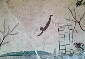 Wall painting from a Greek tomb at Paestum of a swimmer, 8th century Wall painting from a Greek tomb at Paestum of a swimmer, 8th century