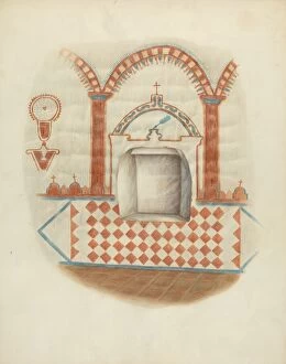 Alcove Gallery: Wall Painting and Niche: Restoration Drawing, c. 1939. Creator: George E. Rhone