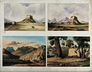 Afghani Prints: Walled city with lone horseman, Afghanistan. Creator: Unknown