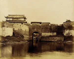 Fortified Prints: Walled River and Bridge with Buildings Above, 1860. Creator: Felice Beato