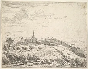 Jardin Prints: Walled village on a hill, with church at left and buildings constructed on the downslope