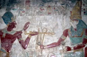 Abydos Collection: Wallpainting (detail) of Sethos I before Horus, Temple of Sethos I, Abydos, Egypt, c1280 BC