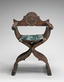 Decorative Art Prints: Walnut Savonarola Chair with Letters A. G. c. 1520 / 1540. Creator: Unknown