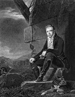 Walter Scott, Scottish poet and novelist, seated on a stone, accompanied by a dog, 1808. Artist: John Horsburgh