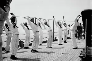 Cruiser Prints: War game drill on USS Seattle, between c1910 and c1915. Creator: Bain News Service