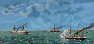 War of the Pacific (1879-1883); Chilean transporter Rimac by the Peruvian ironclad Huascar... 1879. Creator: Unknown