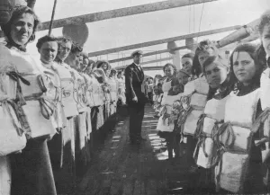 Lifebelt Prints: War time lifebelt drill on board an ocean liner, 1915