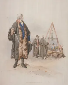 Civic Costume Prints: Ward Beadle in civic costume, holding a staff, at a Wardmote Inquest, 1805. Artist